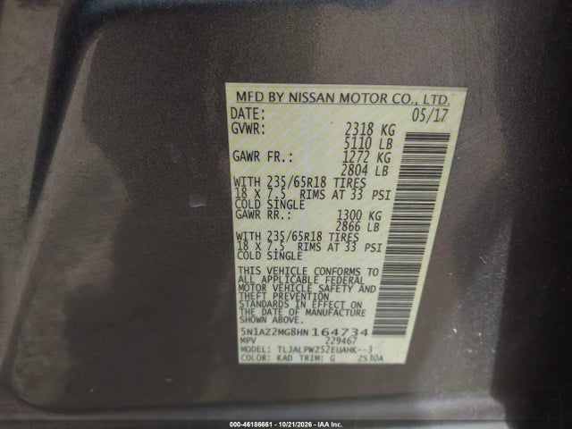 Aukcja sprzedaży 2017 Nissan Murano S, vin: 5N1AZ2MG8HN164734, numer aukcji: 46186661