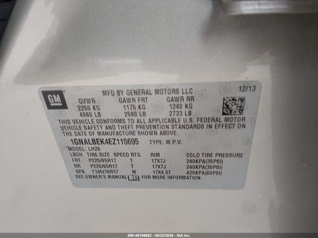 Aukcja sprzedaży 2014 Chevrolet Equinox Lt, vin: 1GNALBEK4EZ115695, numer aukcji: 46186662