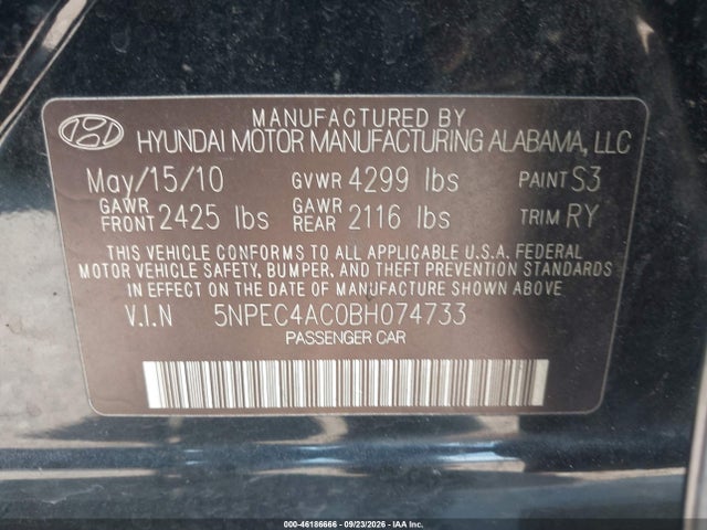 Продажа на аукционе авто 2011 Hyundai Sonata Se, vin: 5NPEC4AC0BH074733, номер лота: 46186666