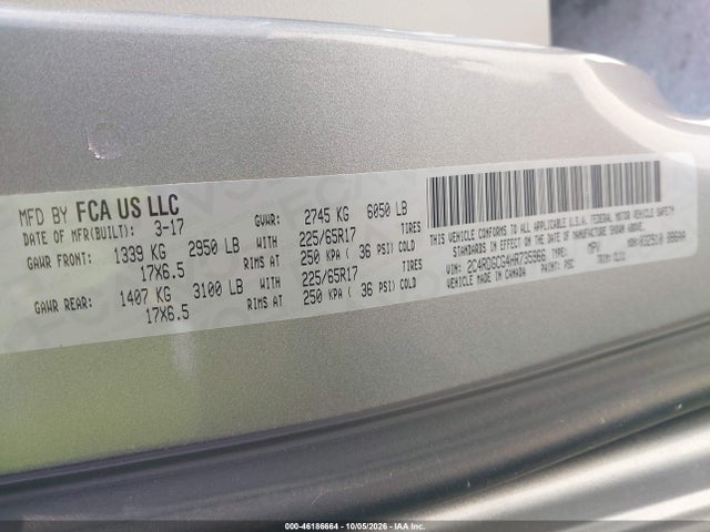 46186664 :رقم المزاد ، 2C4RDGCG4HR735966 vin ، 2017 Dodge Grand Caravan Sxt مزاد بيع