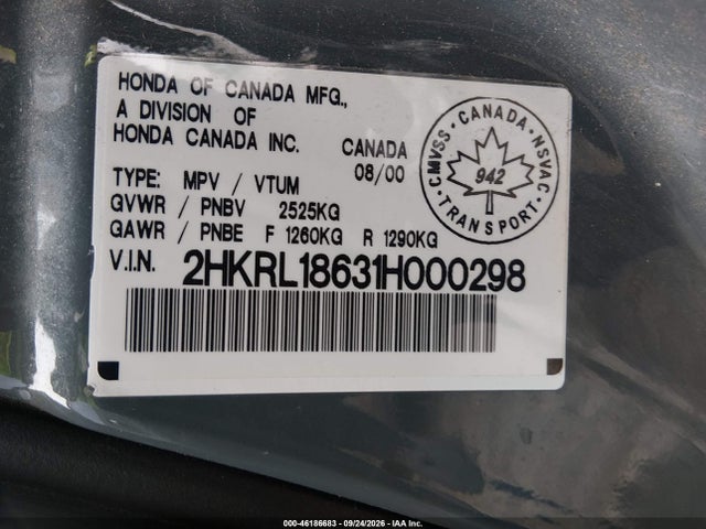 46186683 :رقم المزاد ، 2HKRL18631H000298 vin ، 2001 Honda Odyssey Ex مزاد بيع