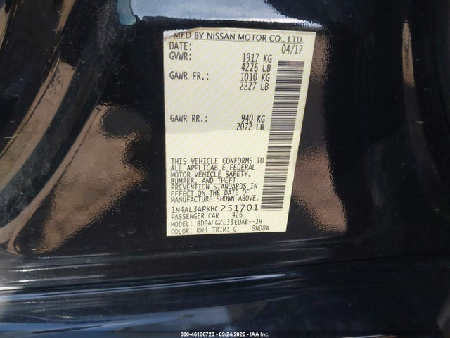 Aukcja sprzedaży 2017 Nissan Altima 2.5 S, vin: 1N4AL3APXHC251701, numer aukcji: 46186720