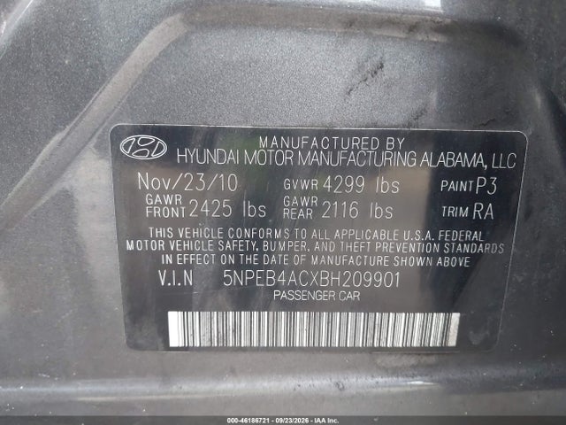 2011 Hyundai Sonata Gls მანქანა იყიდება აუქციონზე, vin: 5NPEB4ACXBH209901, აუქციონის ნომერი: 46186721