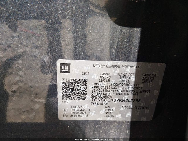 Aukcja sprzedaży 2019 Chevrolet Tahoe Premier, vin: 1GNSCCKJ7KR302298, numer aukcji: 46186728