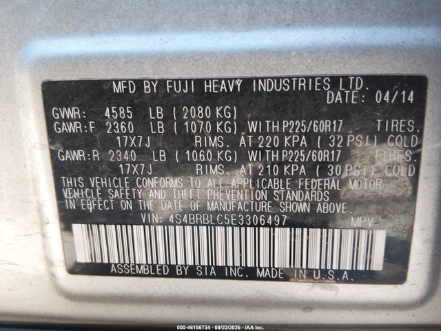 Продажа на аукционе авто 2014 Subaru Outback 2.5i Limited, vin: 4S4BRBLC5E3306497, номер лота: 46186734