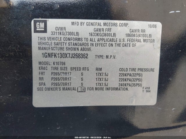 46186736 :رقم المزاد ، 1GNFK130X7J268362 vin ، 2007 Chevrolet Tahoe Lt مزاد بيع