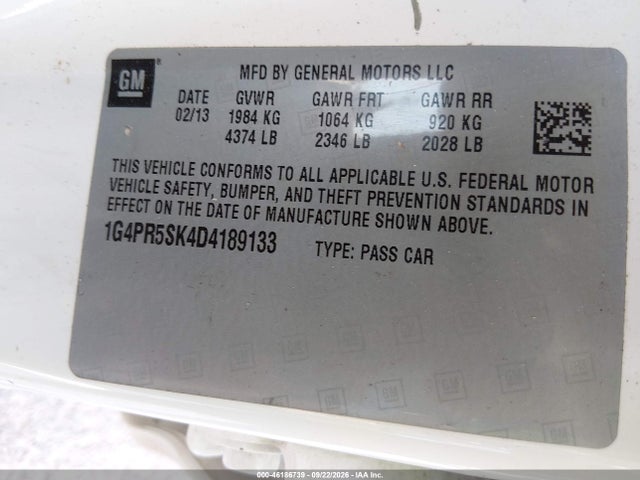 Продаж на аукціоні авто 2013 Buick Verano Convenience Group, vin: 1G4PR5SK4D4189133, номер лоту: 46186739