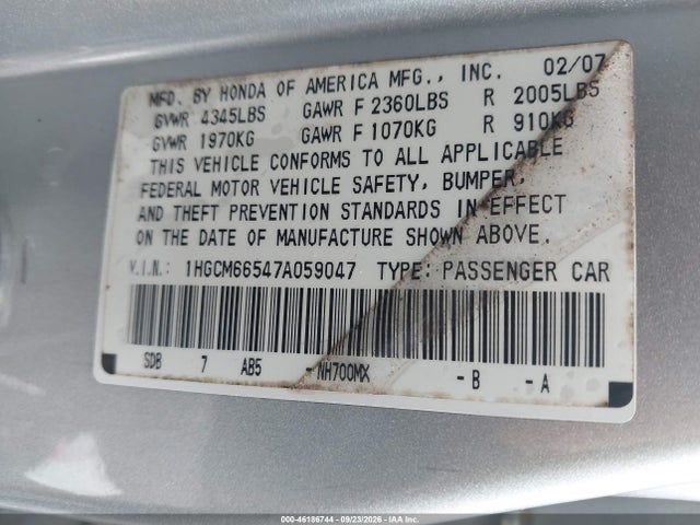 Продаж на аукціоні авто 2007 Honda Accord Sdn Ex-l, vin: 1HGCM66547A059047, номер лоту: 46186744