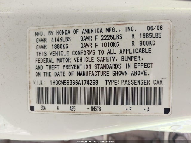 2006 Honda Accord 2.4 Se მანქანა იყიდება აუქციონზე, vin: 1HGCM56366A174269, აუქციონის ნომერი: 46186752