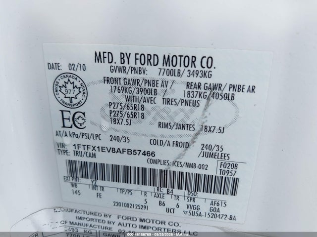 Aukcja sprzedaży 2010 Ford F-150 Fx4/lariat/xl/xlt, vin: 1FTFX1EV8AFB57466, numer aukcji: 46186769