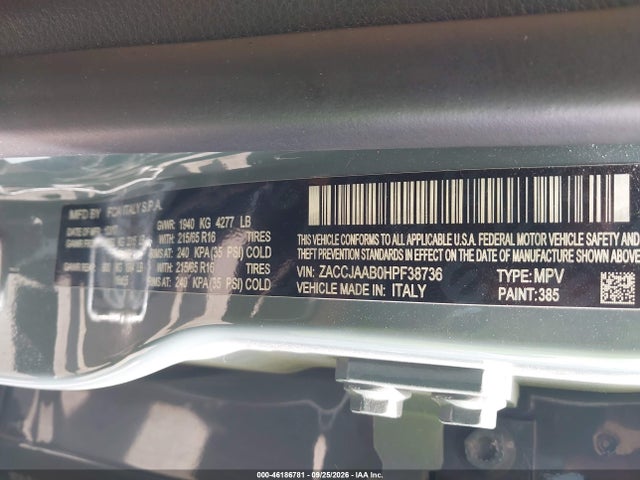 Продаж на аукціоні авто 2017 Jeep Renegade, vin: ZACCJAAB0HPF38736, номер лоту: 46186781