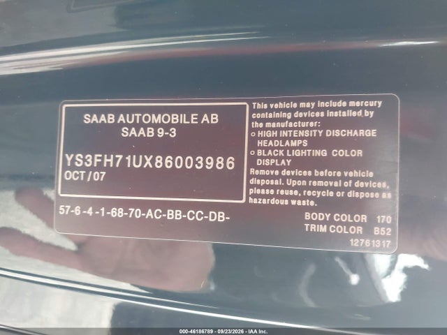 46186789 :رقم المزاد ، YS3FH71UX86003986 vin ، 2008 Saab 9-3 Aero مزاد بيع