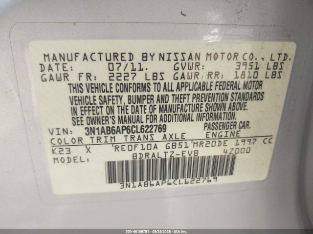 46186791 :رقم المزاد ، 3N1AB6AP6CL622769 vin ، 2012 Nissan Sentra 2.0 Sr مزاد بيع