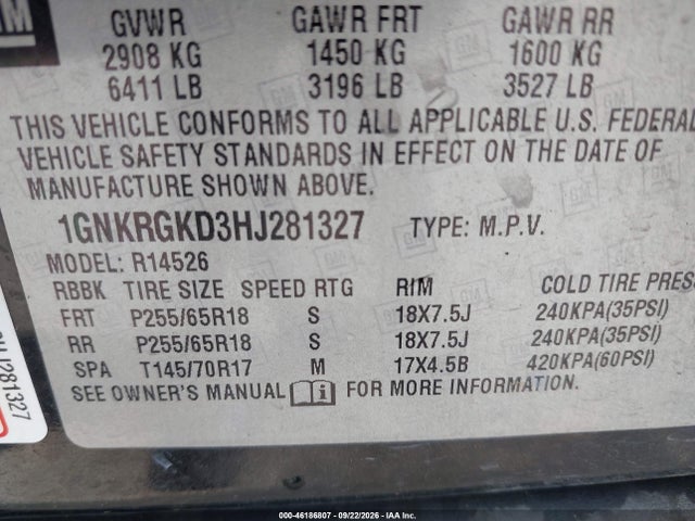 46186807 :رقم المزاد ، 1GNKRGKD3HJ281327 vin ، 2017 Chevrolet Traverse 1lt مزاد بيع