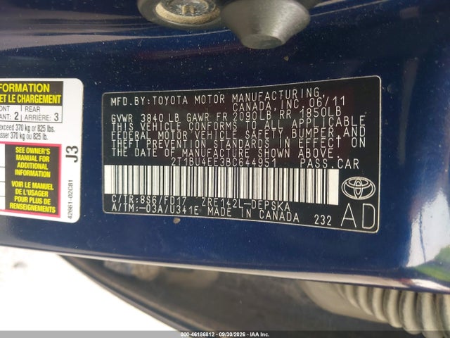Aukcja sprzedaży 2011 Toyota Corolla S, vin: 2T1BU4EE3BC644951, numer aukcji: 46186812