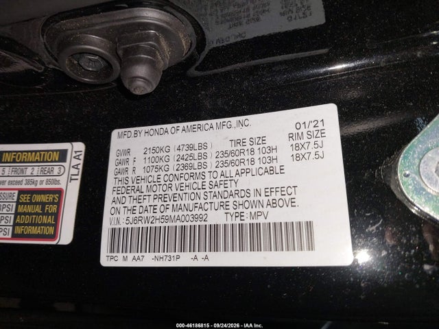 Продажа на аукционе авто 2021 Honda Cr-v Awd Ex, vin: 5J6RW2H59MA003992, номер лота: 46186815