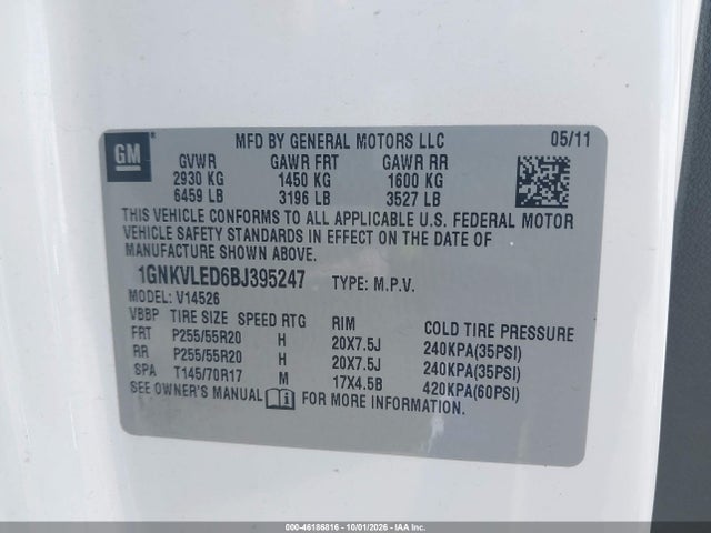 Продаж на аукціоні авто 2011 Chevrolet Traverse Ltz, vin: 1GNKVLED6BJ395247, номер лоту: 46186816
