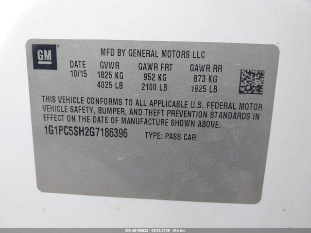 46186833 :رقم المزاد ، 1G1PC5SH2G7186396 vin ، 2016 Chevrolet Cruze Limited Ls Auto مزاد بيع