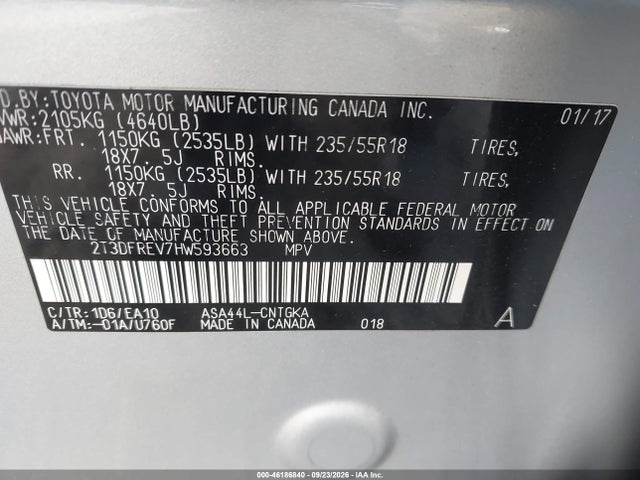 2017 Toyota Rav4 Platinum მანქანა იყიდება აუქციონზე, vin: 2T3DFREV7HW593663, აუქციონის ნომერი: 46186840