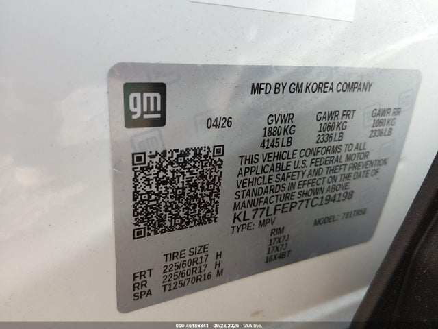 46186841 :رقم المزاد ، KL77LFEP7TC194198 vin ، 2026 Chevrolet Trax Fwd Ls مزاد بيع