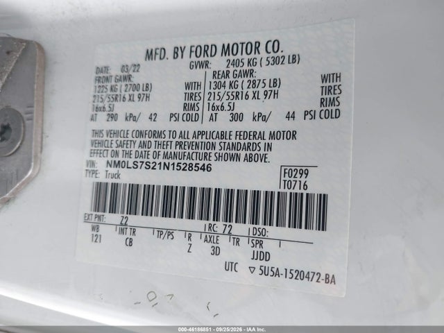 Продаж на аукціоні авто 2022 Ford Transit Connect Xl, vin: NM0LS7S21N1528546, номер лоту: 46186851