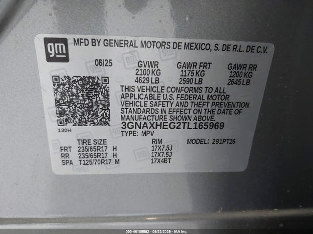 46186852 :رقم المزاد ، 3GNAXHEG2TL165969 vin ، 2026 Chevrolet Equinox Fwd Lt مزاد بيع