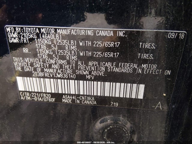 46186857 :رقم المزاد ، 2T3BFREV1JW836140 vin ، 2018 Toyota Rav4 Le مزاد بيع