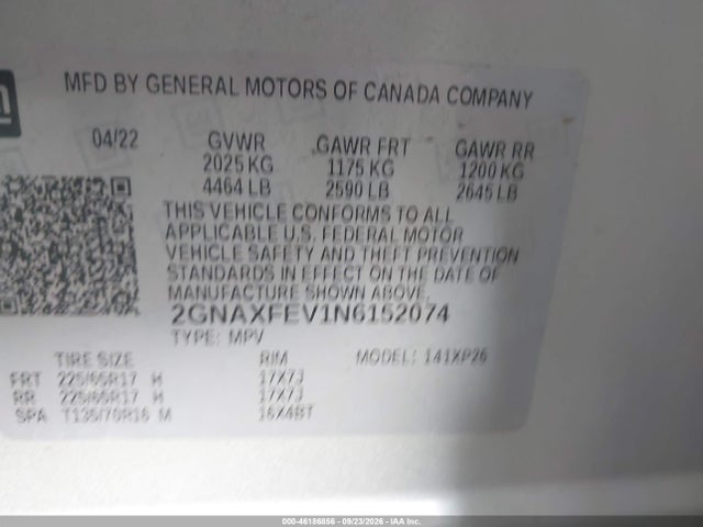 46186856 :رقم المزاد ، 2GNAXFEV1N6152074 vin ، 2022 Chevrolet Equinox Fwd 1fl مزاد بيع