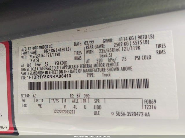 46186859 :رقم المزاد ، 1FTBR1Y8XNKA08410 vin ، 2022 Ford Transit-250 مزاد بيع