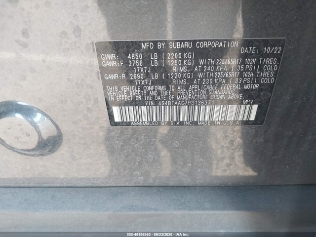 46186860 :رقم المزاد ، 4S4BTAAC7P3136371 vin ، 2023 Subaru Outback مزاد بيع