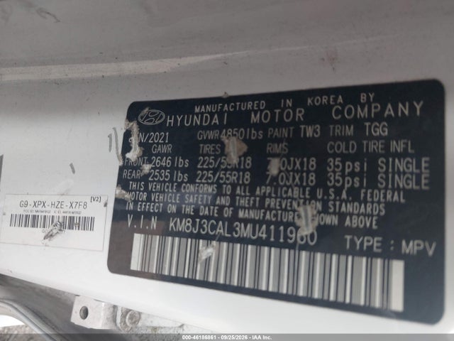 Продажа на аукционе авто 2021 Hyundai Tucson Sel, vin: KM8J3CAL3MU411960, номер лота: 46186861