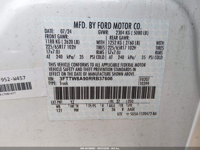 46186862 :رقم المزاد ، 3FTTW8A90RRB37606 vin ، 2024 Ford Maverick Xl مزاد بيع