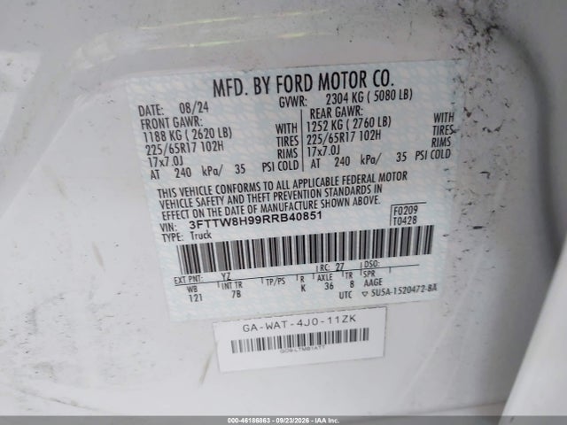 46186863 :رقم المزاد ، 3FTTW8H99RRB40851 vin ، 2024 Ford Maverick Xlt مزاد بيع