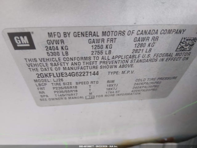 Aukcja sprzedaży 2016 Gmc Terrain Slt, vin: 2GKFLUE34G6227144, numer aukcji: 46186877