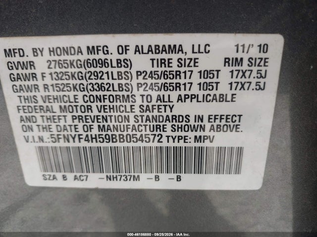 Aukcja sprzedaży 2011 Honda Pilot Ex-l, vin: 5FNYF4H59BB054572, numer aukcji: 46186880