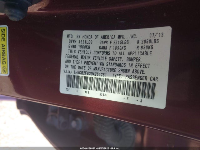 46186882 :رقم المزاد ، 1HGCR2F83DA261281 vin ، 2013 Honda Accord Sdn Ex-l مزاد بيع
