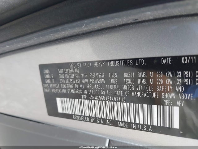 46186896 :رقم المزاد ، 4S4WX9GD4B4402419 vin ، 2011 Subaru Tribeca 3.6r Limited مزاد بيع