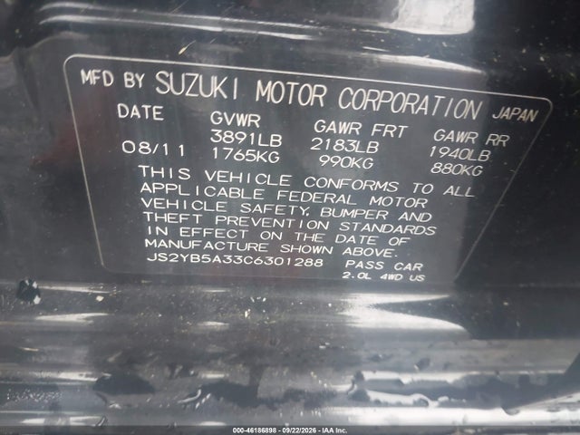 Aukcja sprzedaży 2012 Suzuki Sx4 Crossover Technology/premium, vin: JS2YB5A33C6301288, numer aukcji: 46186898