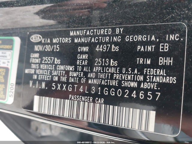 Aukcja sprzedaży 2016 Kia Optima Lx, vin: 5XXGT4L31GG024657, numer aukcji: 46186912