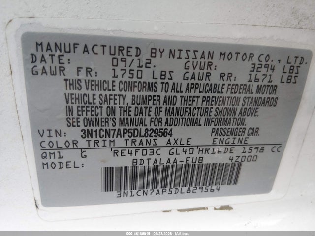 46186919 :رقم المزاد ، 3N1CN7AP5DL829564 vin ، 2013 Nissan Versa S مزاد بيع