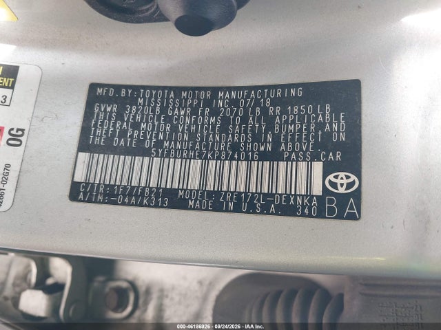 46186926 :رقم المزاد ، 5YFBURHE7KP874016 vin ، 2019 Toyota Corolla Le مزاد بيع