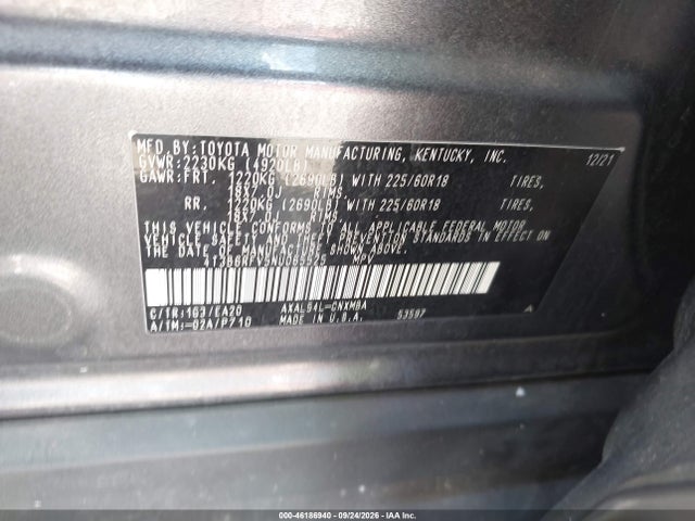 46186940 :رقم المزاد ، 4T3B6RFV5NU065525 vin ، 2022 Toyota Rav4 Hybrid Xle Premium مزاد بيع