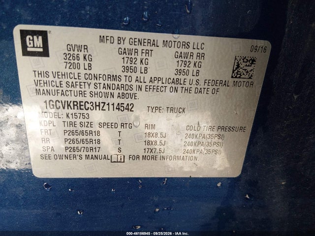 Aukcja sprzedaży 2017 Chevrolet Silverado 1500 2lt, vin: 1GCVKREC3HZ114542, numer aukcji: 46186945