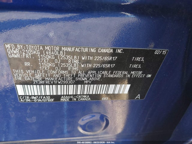 2015 Toyota Rav4 Xle მანქანა იყიდება აუქციონზე, vin: 2T3RFREV1FW299307, აუქციონის ნომერი: 46186963
