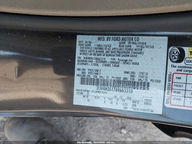 Aukcja sprzedaży 2006 Lincoln Zephyr, vin: 3LNHM26176R665310, numer aukcji: 46186968