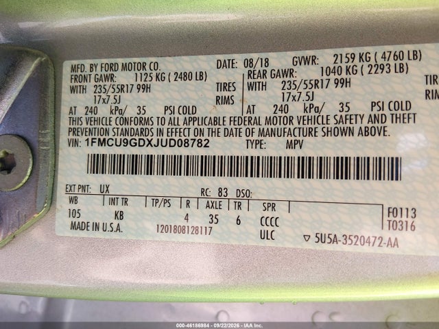 46186984 :رقم المزاد ، 1FMCU9GDXJUD08782 vin ، 2018 Ford Escape Se مزاد بيع