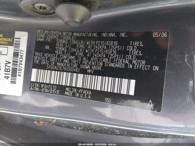 46186998 :رقم المزاد ، 5TDZA23C76S502483 vin ، 2006 Toyota Sienna Le مزاد بيع
