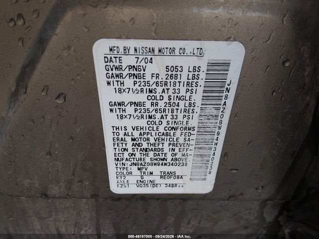 Aukcja sprzedaży 2004 Nissan Murano Sl, vin: JN8AZ08W94W340239, numer aukcji: 46187000