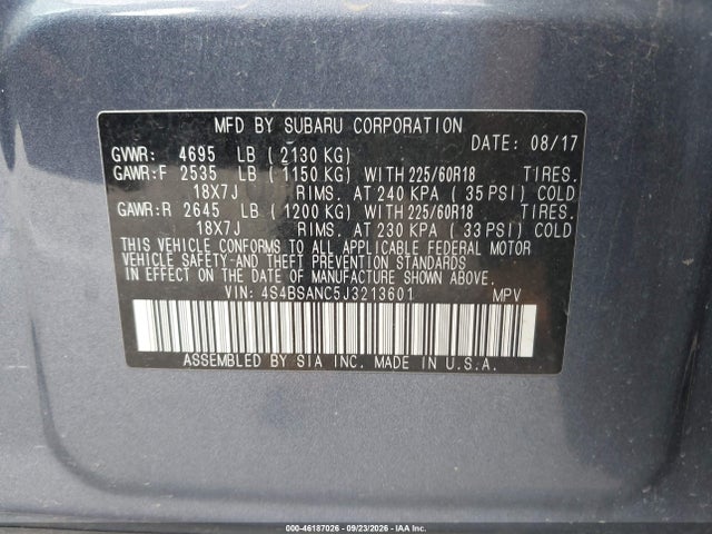 Продажа на аукционе авто 2018 Subaru Outback 2.5i Limited, vin: 4S4BSANC5J3213601, номер лота: 46187026