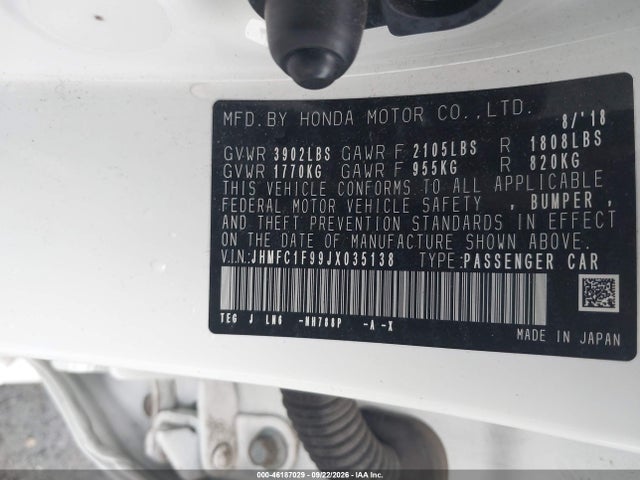 2018 Honda Civic Touring მანქანა იყიდება აუქციონზე, vin: JHMFC1F99JX035138, აუქციონის ნომერი: 46187029